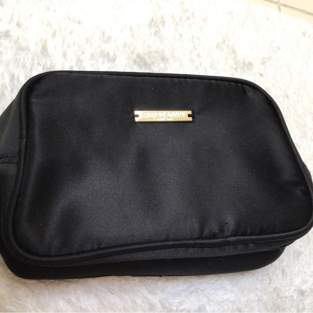 Giorgio Armani black cosmetics bag case silk fabric, logo pull, NEW